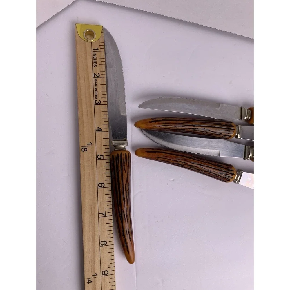 5 Vintage Steak Knives Stainless‎ Steel Blade Sheffield England Faux Antler